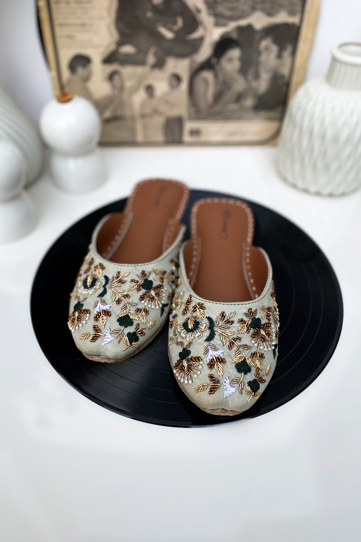 Pistachio embellished slipper